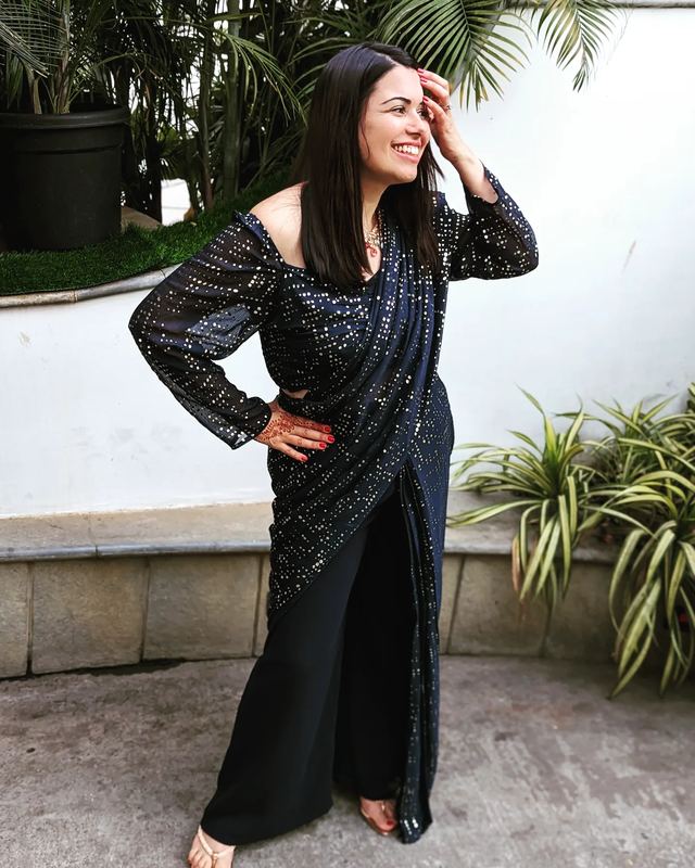 Aza Black sequin pant saree available to rent