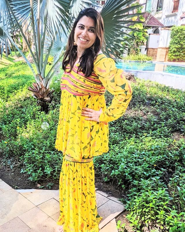 Baise Gaba Yellow haldi sharara set available to rent