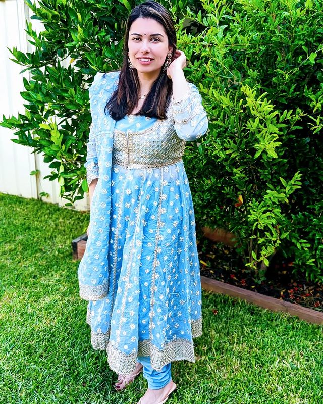 Mulmul Sky-blue anarkali available to rent