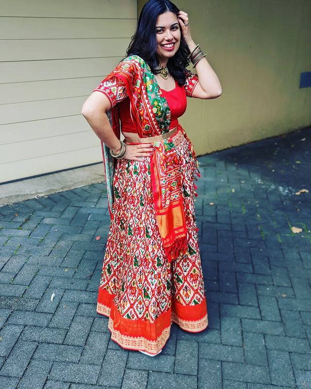 Red patola-print lehenga available to rent